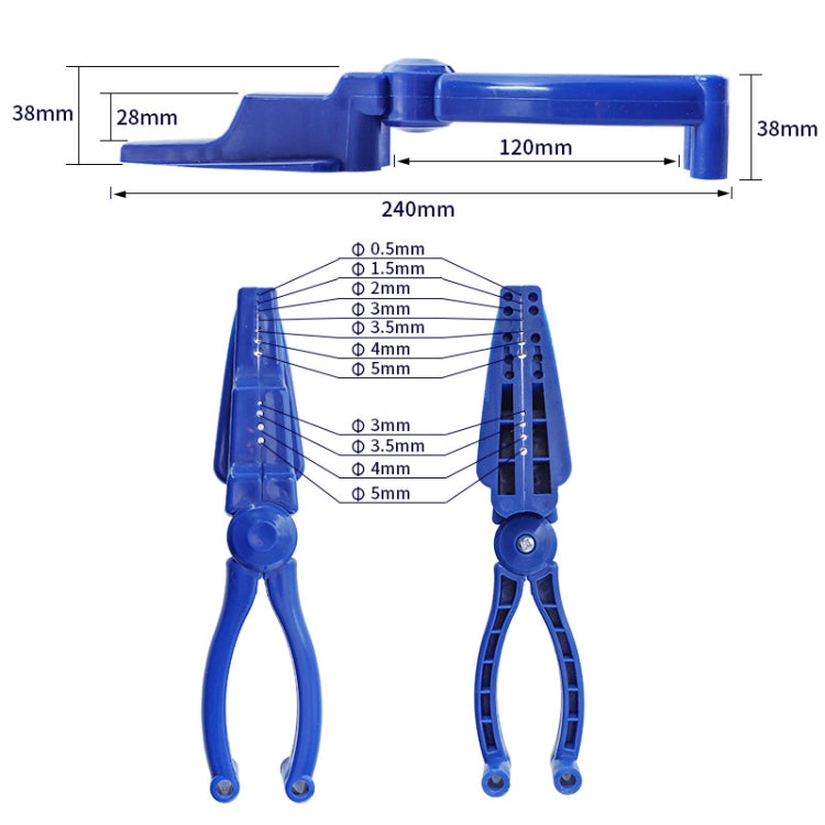 Blue nail fixing tool size diagram with protective clamp handle shape