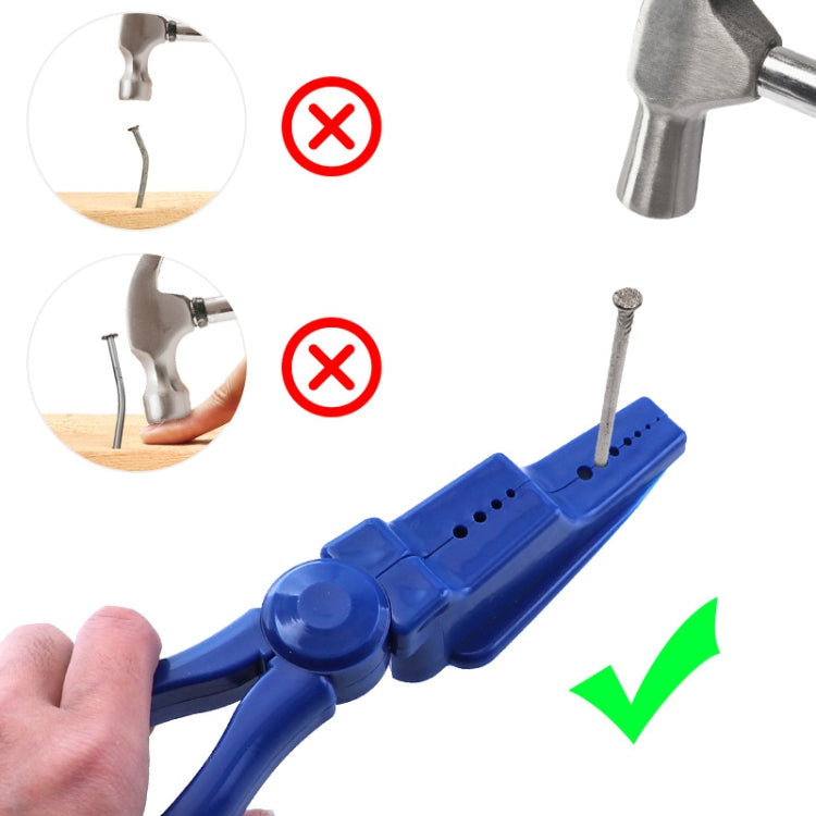 Blue nail fixing tool held in hand with hammer and nail placement