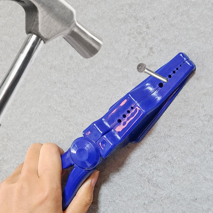 Blue plastic nail fixing tool with hammer protector head and hand grip