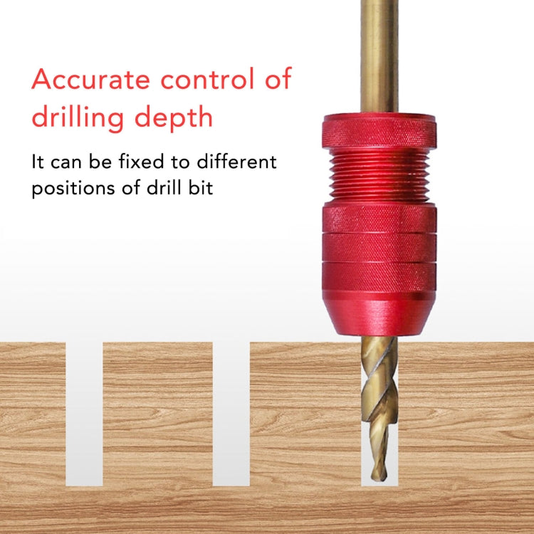Red drill depth stop collar mounted on a drill bit for depth control