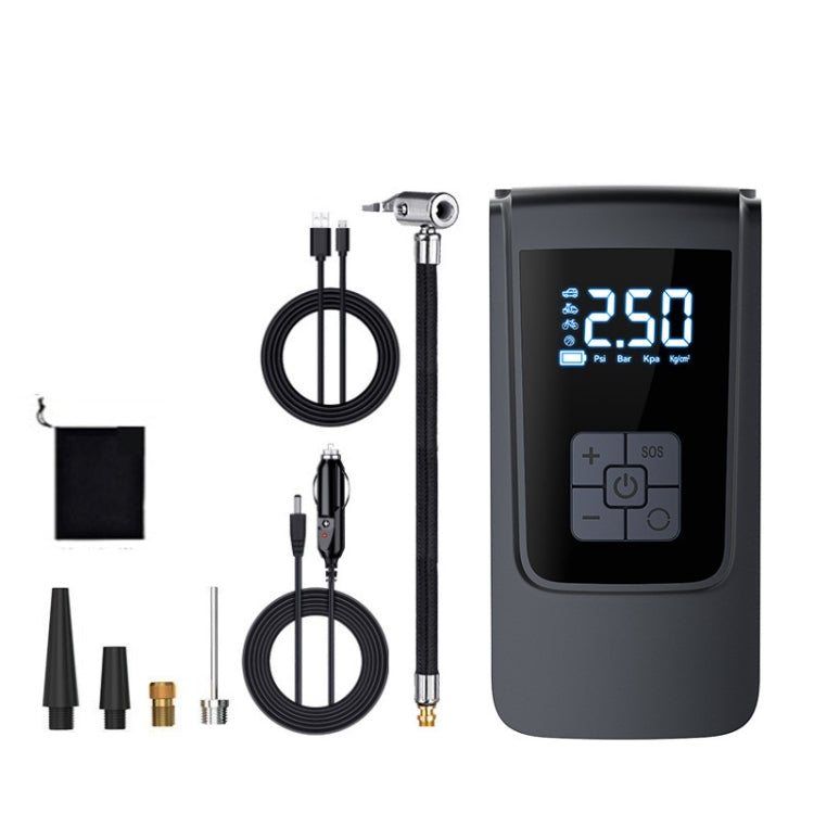 Electric air pump with digital display, coiled hose and multi-nozzle inflation kit