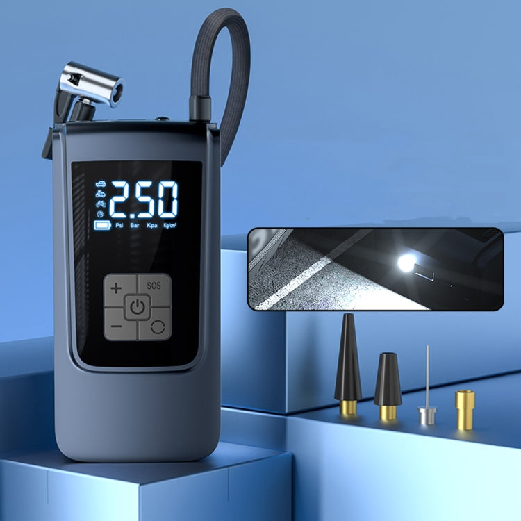Electric air pump with digital display and hose, shown with cone, needle, and valve tips
