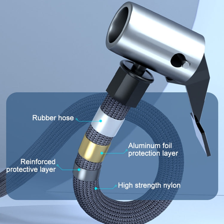 Electric air pump nozzle and reinforced braided hose with protective sleeve detail