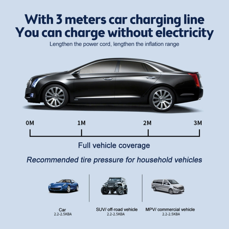 Electric air pump with car charging cable shown for vehicle power connection