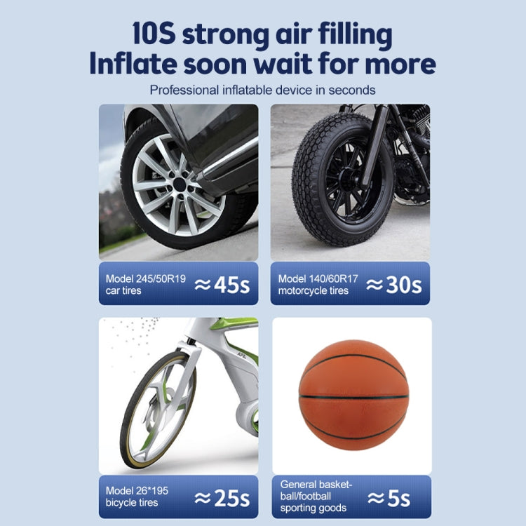 Electric air pump infographic showing car, motorcycle, bike tire and ball inflation.