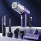 Car vacuum cleaner set with multiple brush attachments, charging cable and purple handheld unit