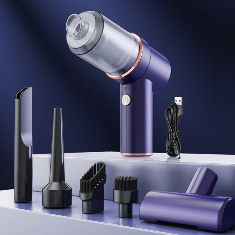 Car vacuum cleaner set with multiple brush attachments, charging cable and purple handheld unit