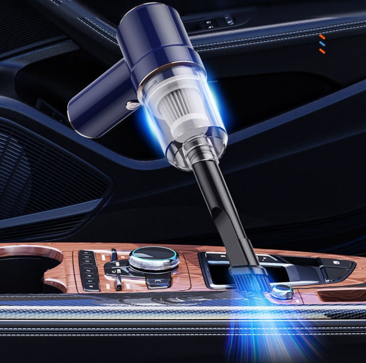 Handheld car vacuum cleaner nozzle cleaning dashboard seam with blue LED light effect