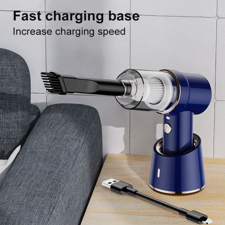 Car vacuum cleaner charging base with USB cable and handheld unit in blue finish