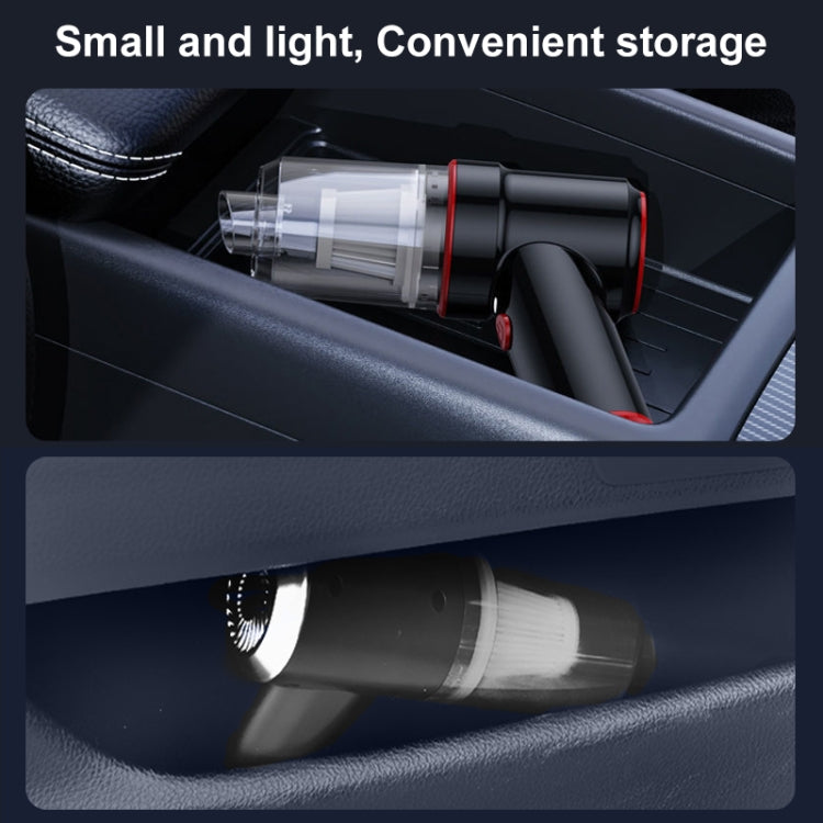 Compact cordless car vacuum cleaner stored in console with transparent dust cup housing