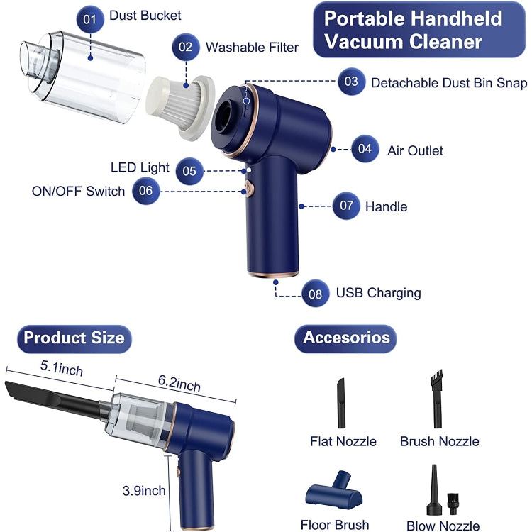Portable handheld car vacuum cleaner with dust bin, washable filter, and LED light, blue.