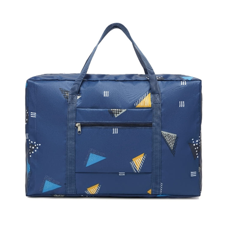Navy blue geometric foldable duffel bag with top handles and front zip pocket