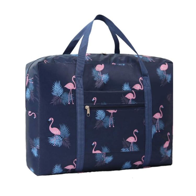 Navy flamingo print foldable duffel bag with top handles and front zip compartment