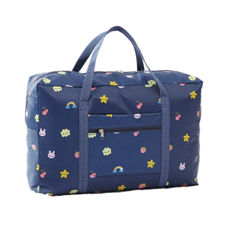 Navy character print foldable duffel bag with top handles and front zip pocket