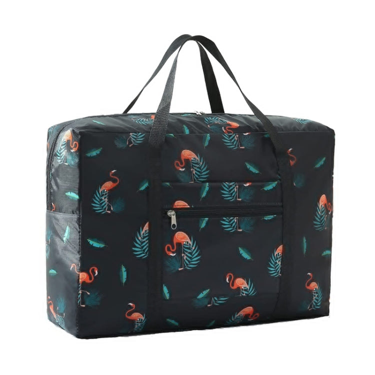 Black flamingo leaf print foldable duffel bag with top handles and front zip pocket