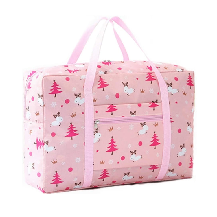 Pink forest animal print foldable duffel bag with top handles and front zip pocket