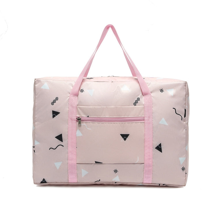 Light pink geometric print foldable duffel bag with top handles and front zip pocket