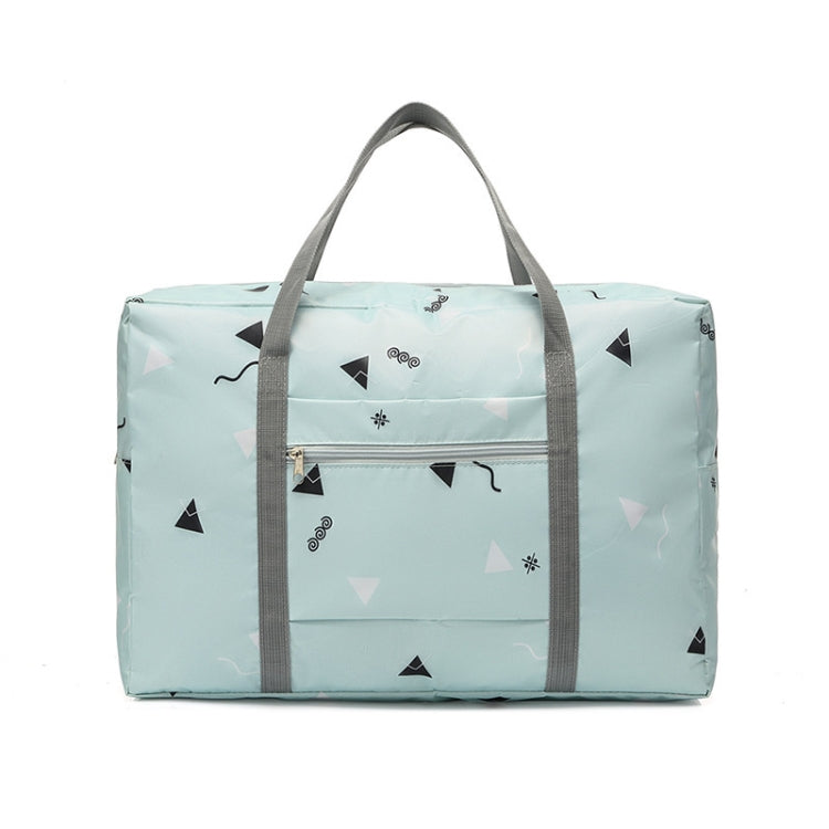 Light blue icon print foldable duffel bag with top handles and front zip pocket