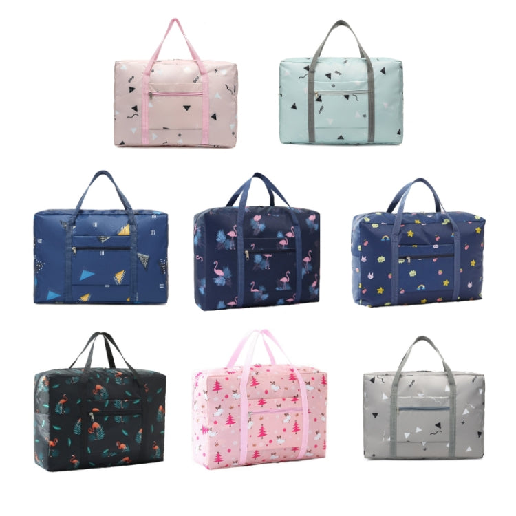 Assorted patterned foldable duffel bags with top handles, shown in multiple styles