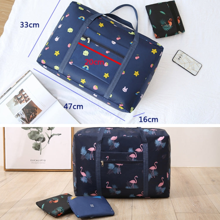Navy flamingo foldable duffel bag with front zip pocket, 33cm x 47cm x 16cm