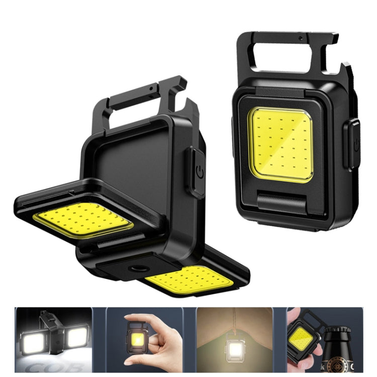 Black double-sided COB keychain flashlight with open stand and two LED panels