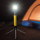 Mini COB keychain flashlight on tripod stand, glowing square LED panel, yellow handle
