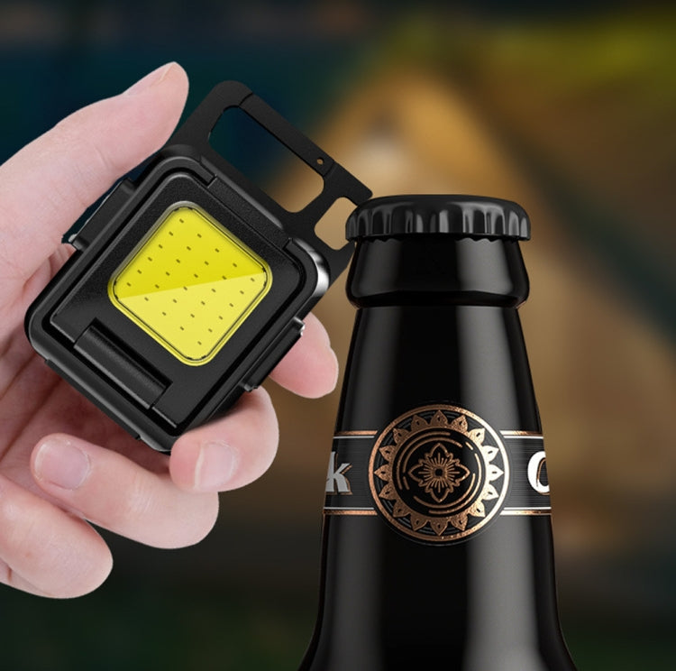 Mini COB keychain flashlight with square yellow LED panel, black double-sided body