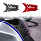 Motorcycle fuel tank decals with black and red carbon herringbone pattern pieces