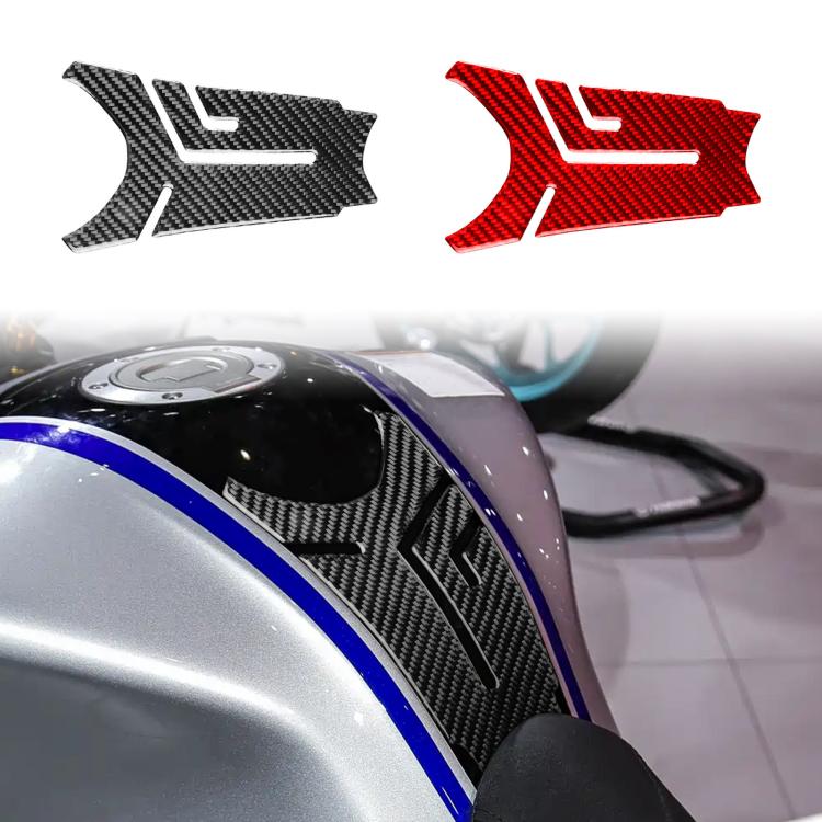 Motorcycle fuel tank decals with black and red carbon herringbone pattern pieces