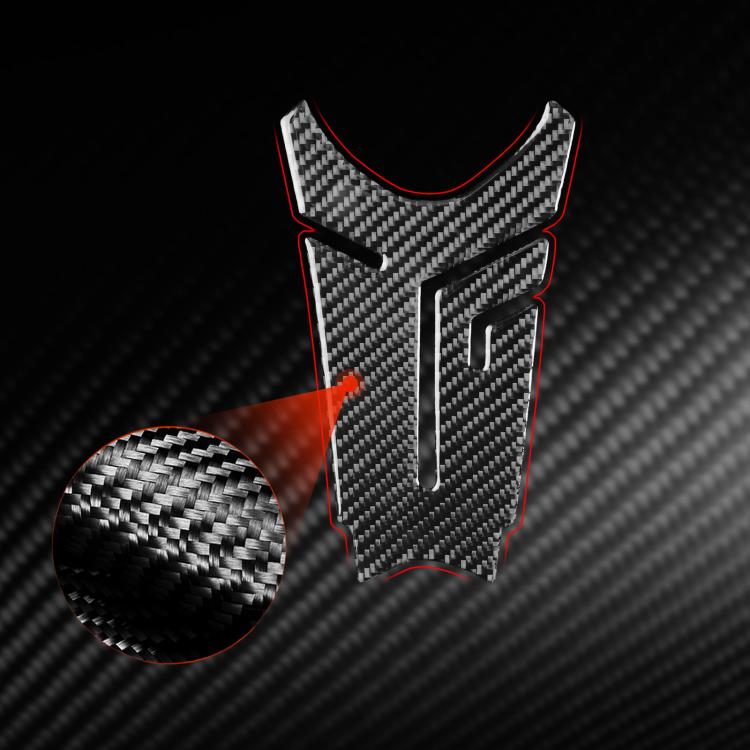 Motorcycle fuel tank decal with black carbon herringbone texture and red border detailing