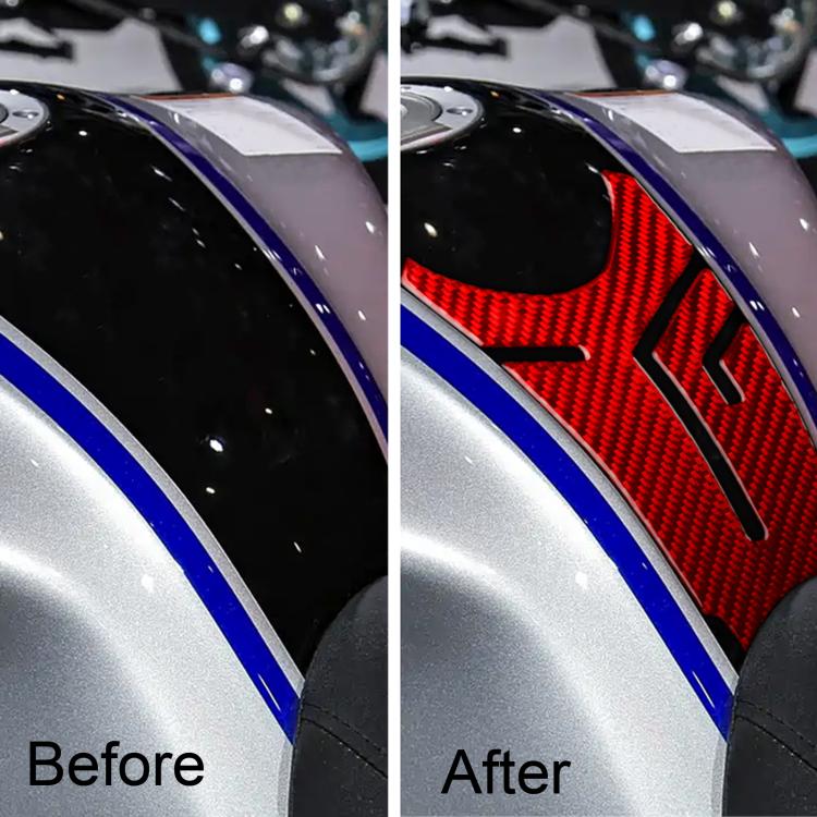 Motorcycle fuel tank with red carbon herringbone decal and blue stripe trim