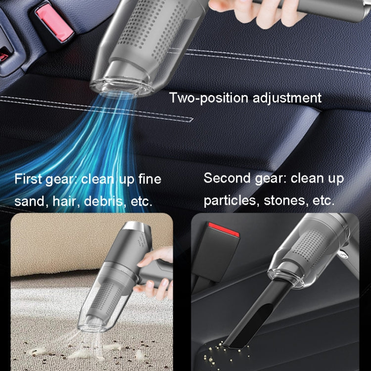 Handheld car vacuum cleaner cleaning car upholstery with two-speed airflow nozzle