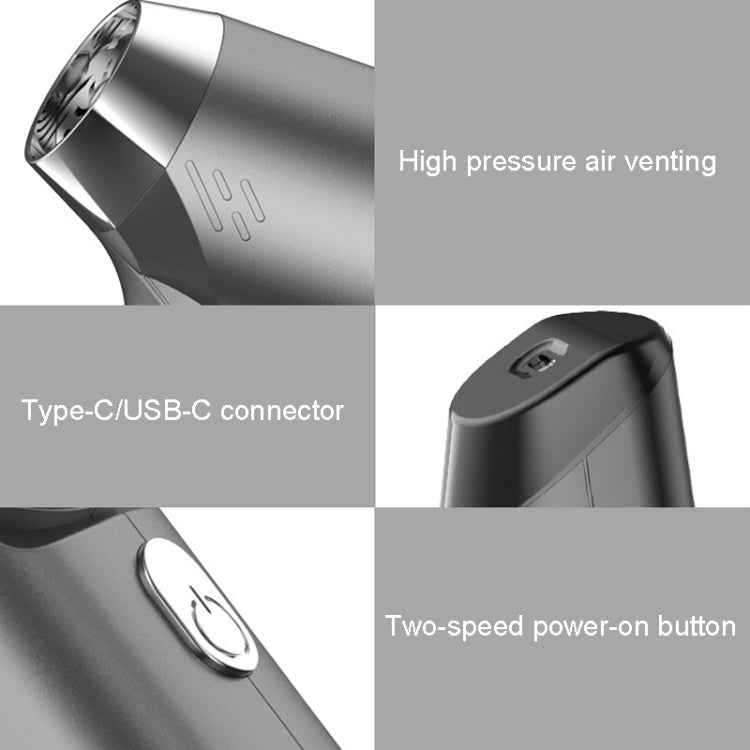 Handheld car vacuum cleaner closeups: Type-C port and two-speed power button