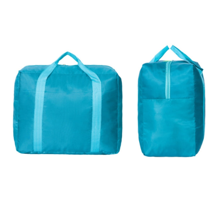 Turquoise portable storage bag with front zip pocket, shown in two angles