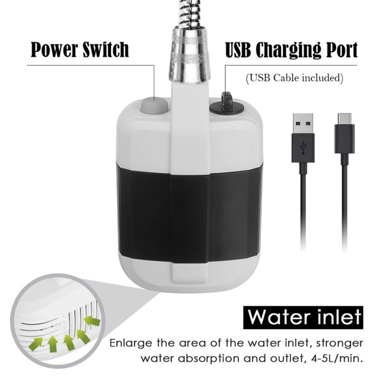 Handheld electric shower unit with power switch and USB charging port, cable included