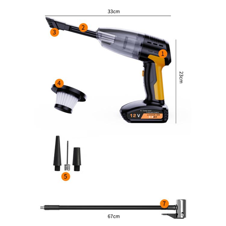 Car vacuum cleaner parts diagram with labeled nozzle, hose, and brush attachments