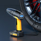 Handheld car vacuum cleaner with yellow and black body, nozzle and digital pressure display