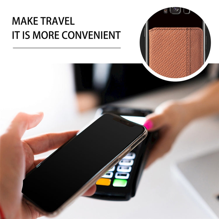 Adhesive phone back card bag with brown textured pocket and holder bracket