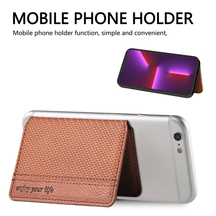 Phone back card bag with tan textured card pocket and adhesive stand