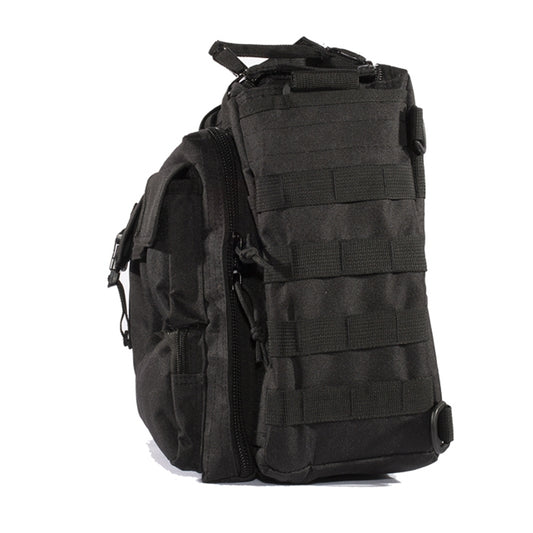 Black outdoor messenger computer bag with front MOLLE webbing and zip pockets