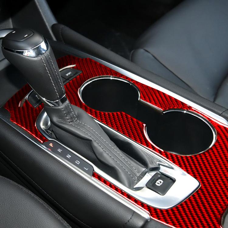 Red carbon-fiber style gear console panel sticker with cup-holder cutouts