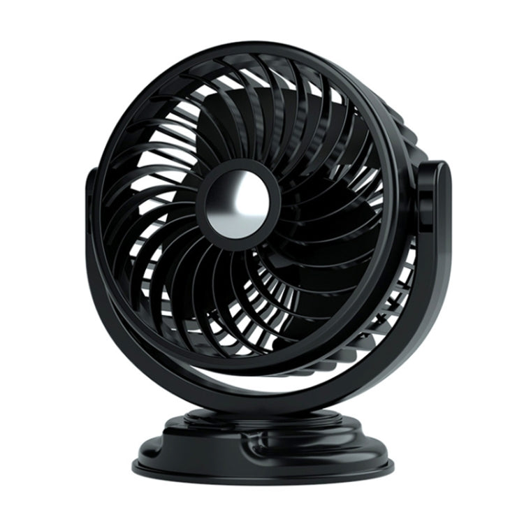 Black car air circulator fan with rotating multi-angle head on a base stand