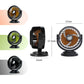 Car fan shown from multiple angles with round grill and adjustable tilt base