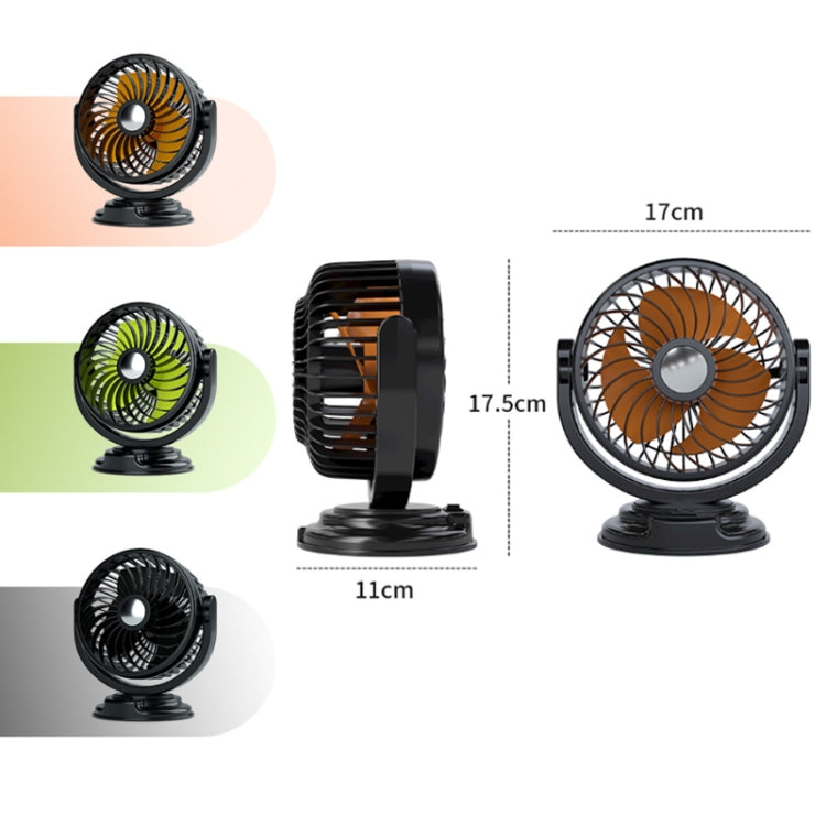 Car fan shown from multiple angles with round grill and adjustable tilt base