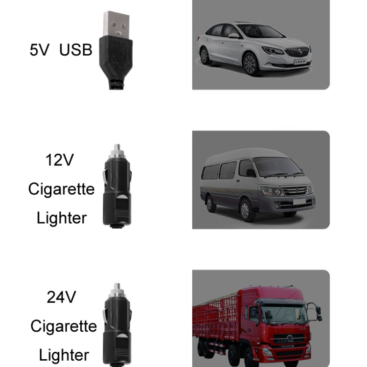 Car fan power options: USB plug and two cigarette-lighter style connectors