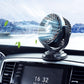 Black car dashboard fan with oscillating airflow directed toward the cabin