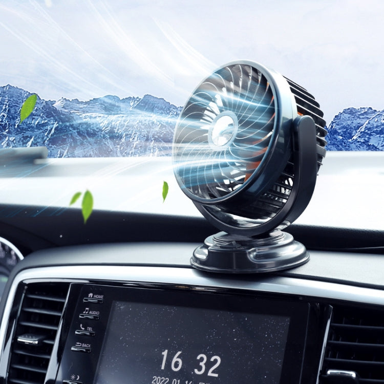 Black car dashboard fan with oscillating airflow directed toward the cabin