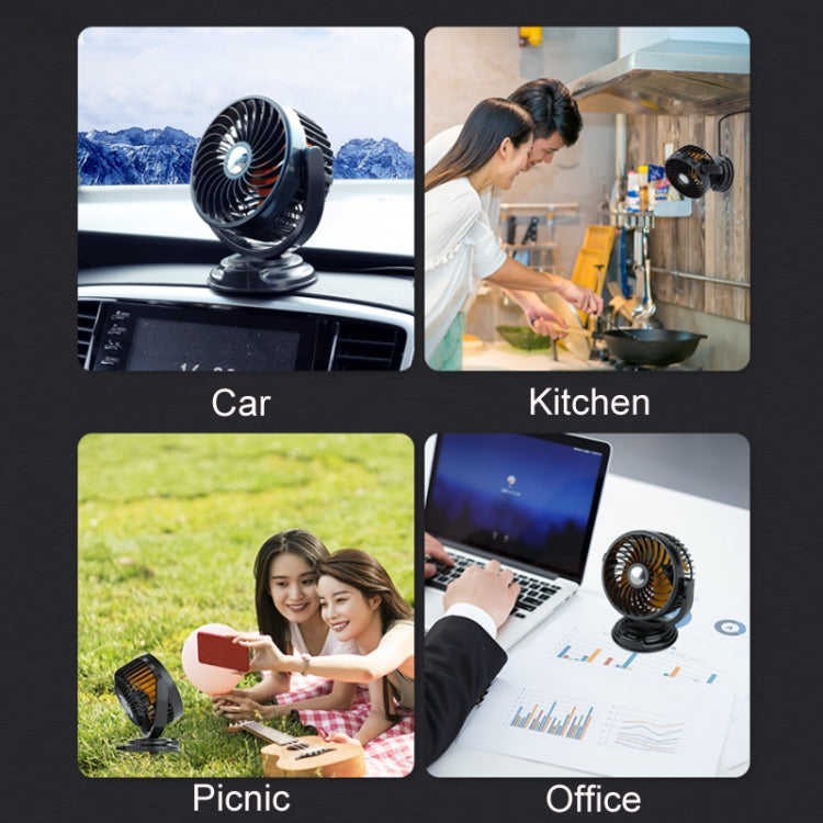 Rotatable mini desktop car fan with adjustable head and circular grille, black