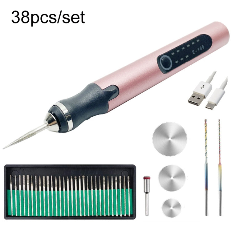 Rose gold mini electric drill pen set, 38-piece accessory kit with metal bits