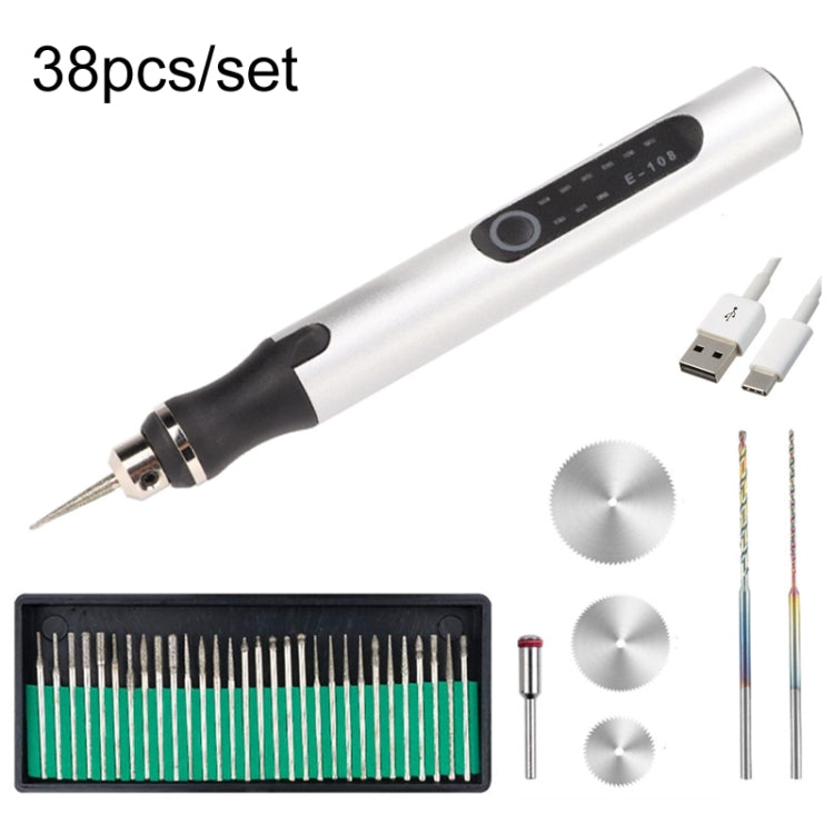 Silver mini electric drill pen set, 38-piece accessory kit with metal bits